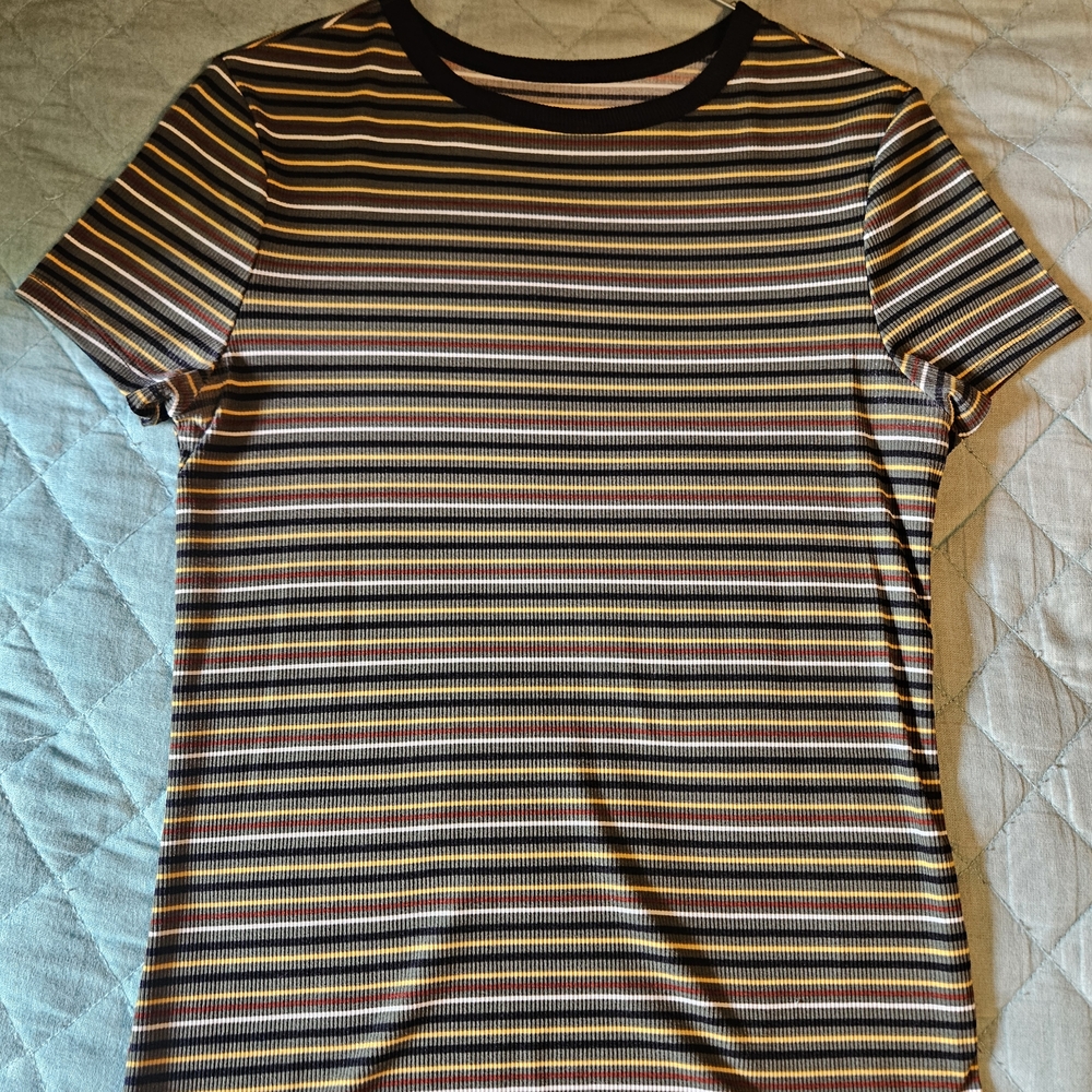 (3 For $15) No Boundaries Striped Ribbed Tee in Green, Mustard, Orange & White
